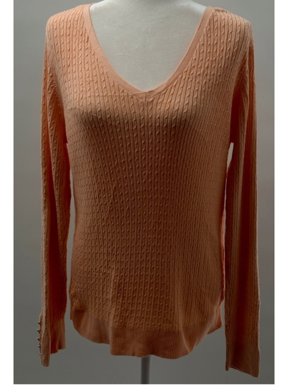 Lands End Cable Knit V-Neck Sweater Peach Coral Gold Button Cuff Large L 14-16